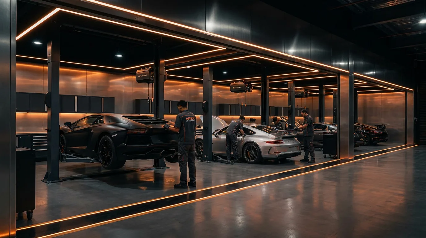 Technicians working in a modern automotive workshop